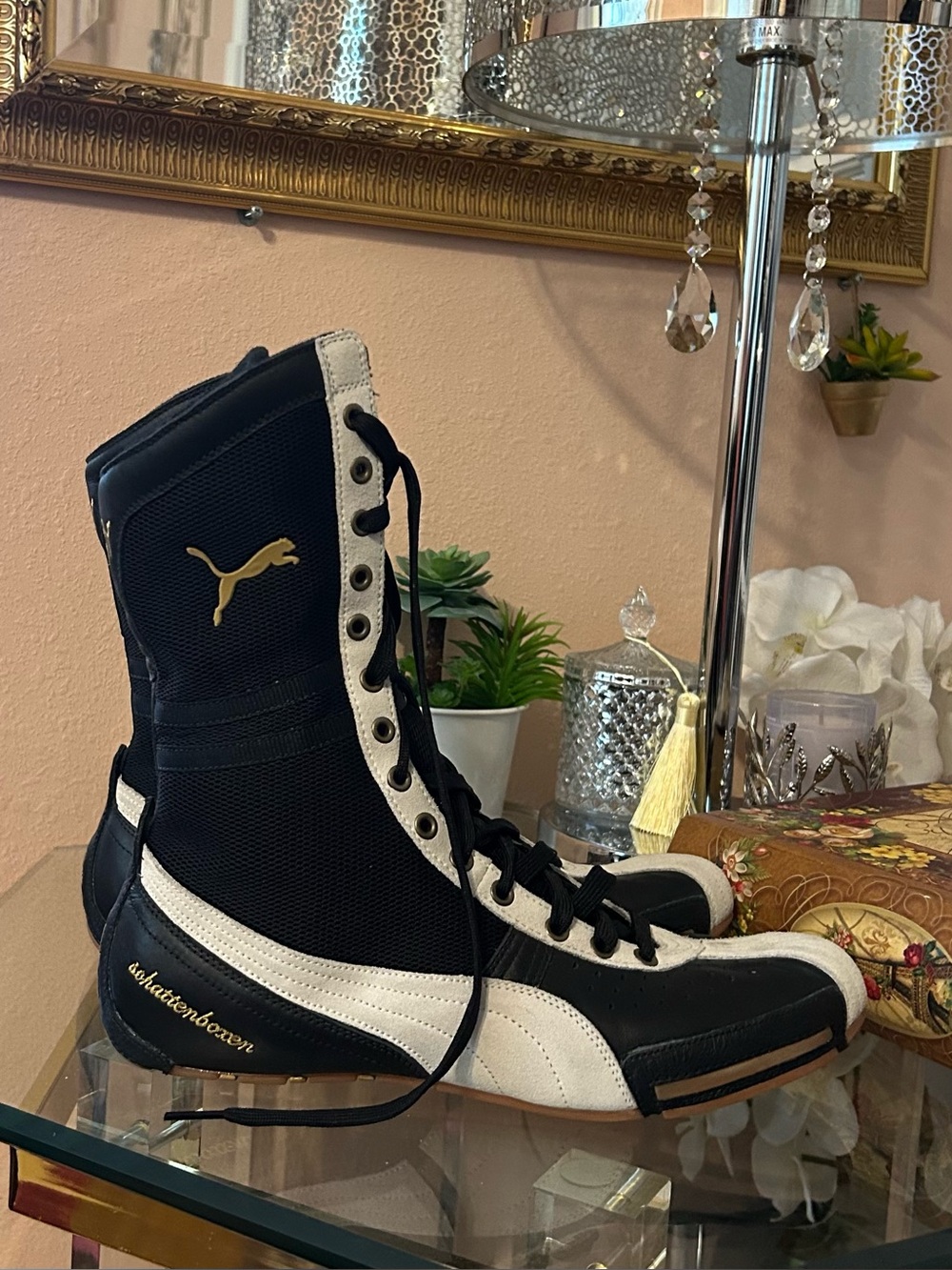 Vintage Puma Schattenboxen Boxing Boots Black and Cream High-Top Sneakers 11/12 - Picture 10 of 16